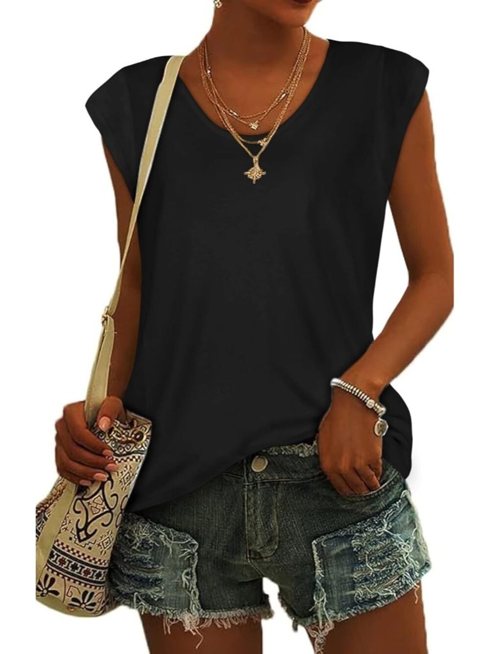 Women's Black Tank Top Summer Cap Sleeve T Shirts V Neck Dressy Casual Loose Fit